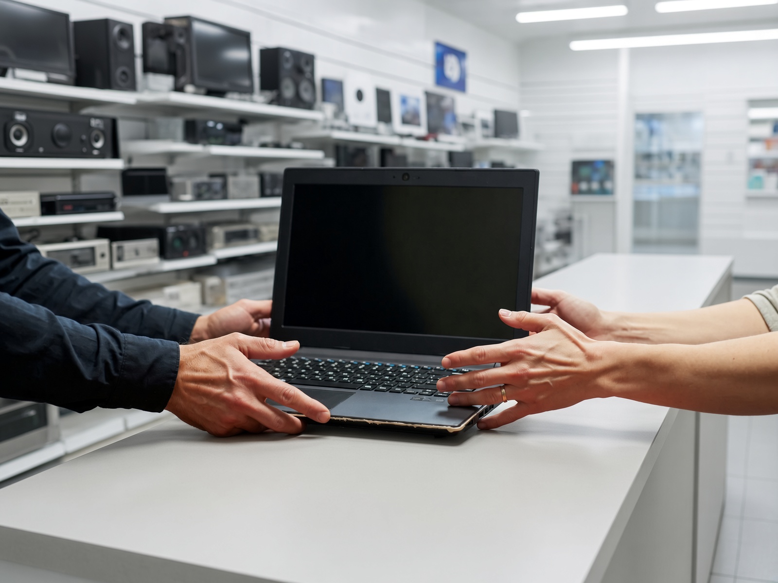 Ankauf im Checkpoint: Ein gebrauchter Laptop wechselt an der weißen Theke den Besitzer.